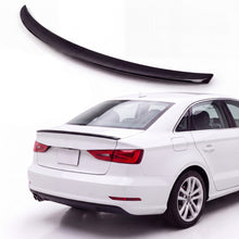 Gloss black trunk lip spoiler on white Audi A3 8V sedan rear three-quarter view