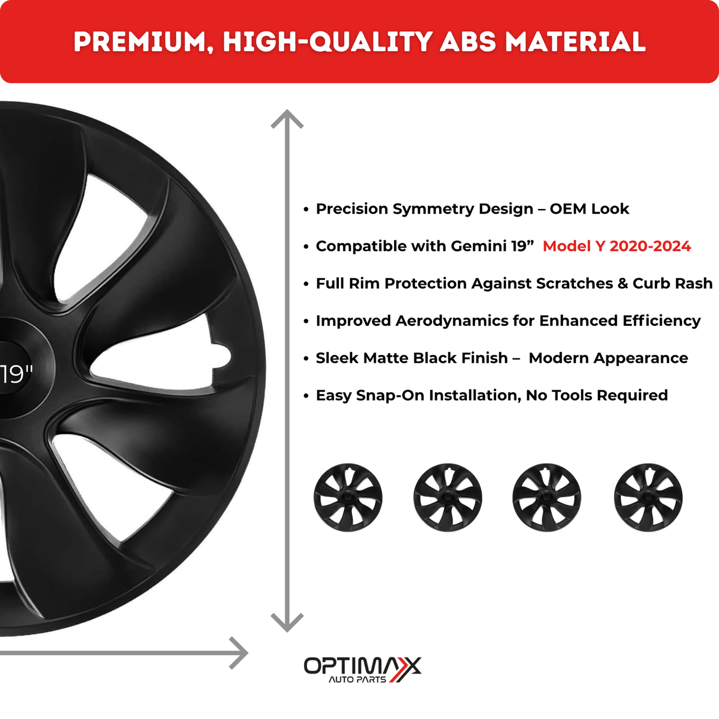 Gemini 19" Symmetrical Wheel Rim Cover Hubcap Black for Tesla Model Y 2020-2024