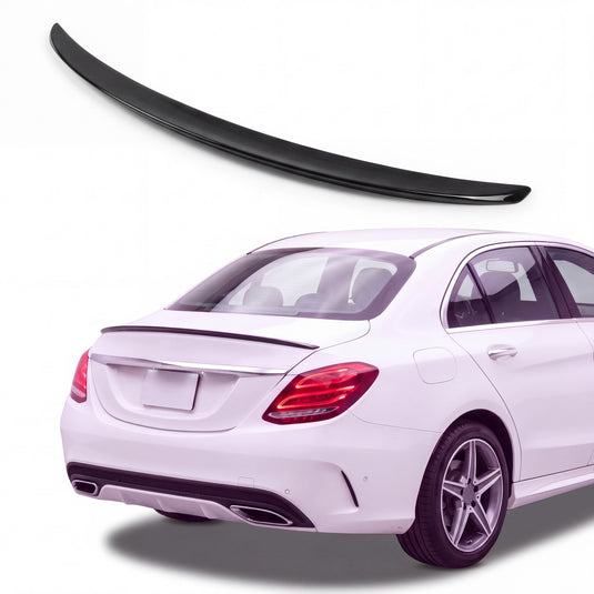 Gloss black trunk lip spoiler on white Mercedes-Benz C-Class W205 sedan rear three-quarter studio product photo