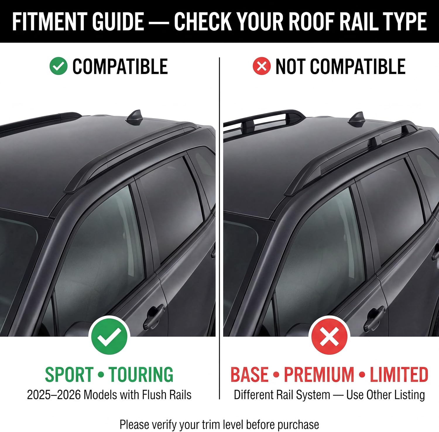 Subaru Forester Sport Touring Hybrid roof rail fitment guide - Sport/Touring flush rails compatible, Base/Premium/Limited raised rails not compatible