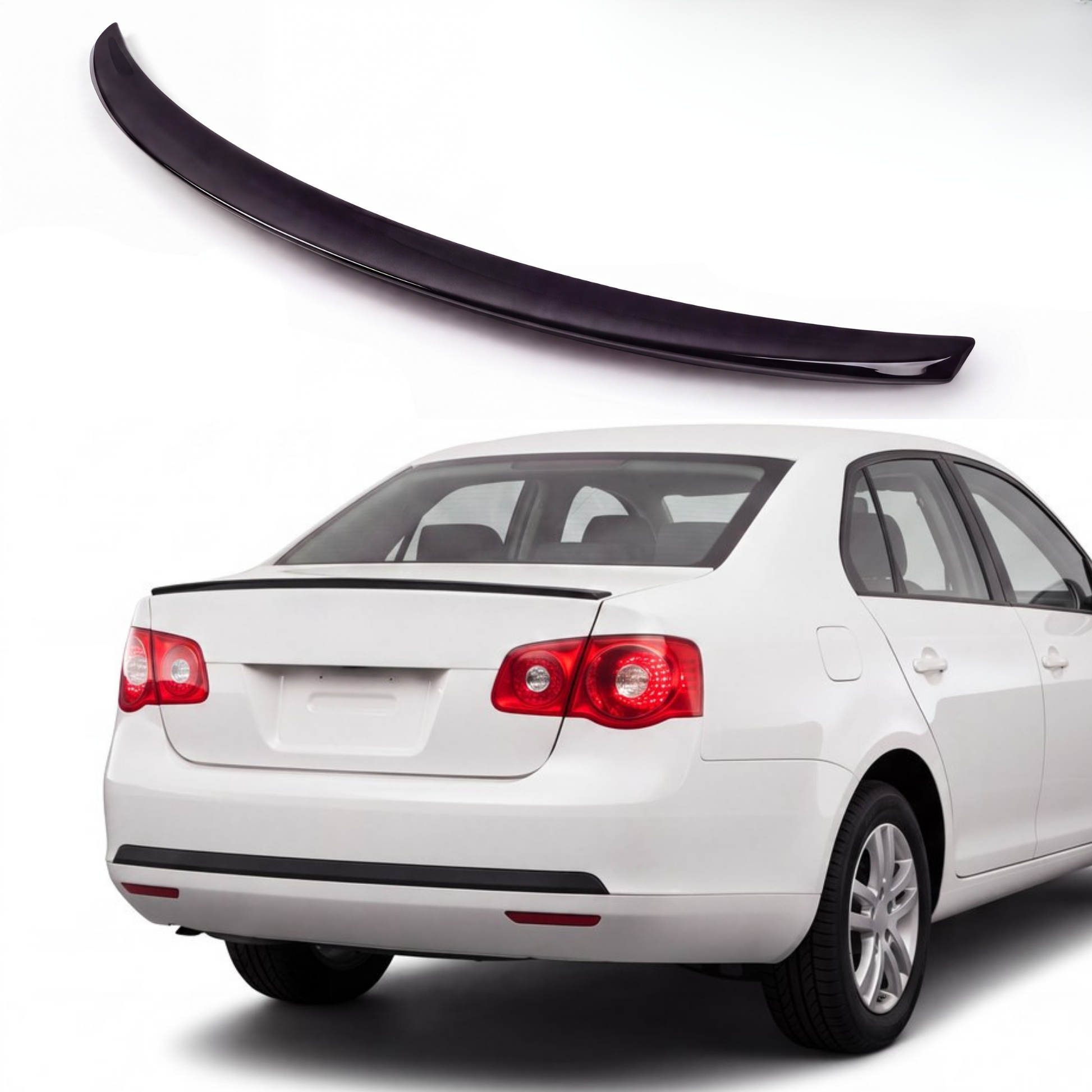 Gloss black trunk lip spoiler on white Volkswagen Jetta MK5 sedan rear three-quarter studio product photo